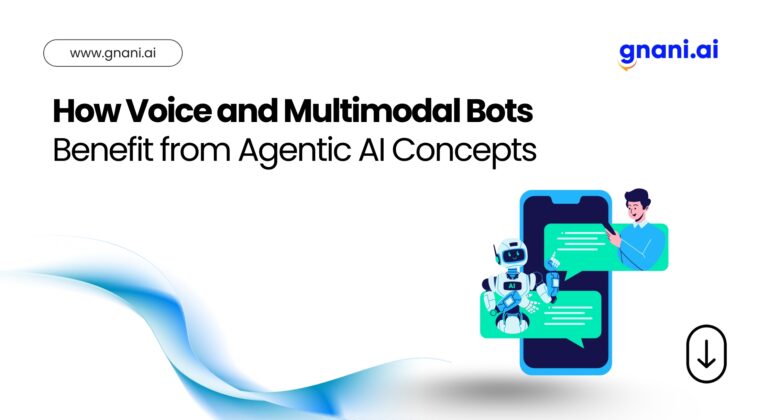 A clean Gnani.ai slide showing the headline “How Voice and Multimodal Bots Benefit from Agentic AI Concepts,” with an illustration of a robot and a human chatting via speech bubbles over a smartphone graphic, the URL “www.gnani.ai” at top left, and the Gnani.ai logo at top right.