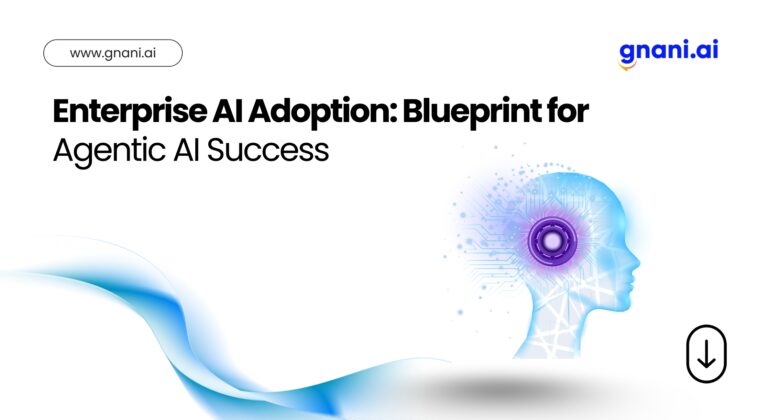 A slide titled “Enterprise AI Adoption: Blueprint for Agentic AI Success” featuring the Gnani.ai logo, a stylized human head silhouette with digital circuitry and a glowing neural hub, and a flowing blue gradient wave graphic.