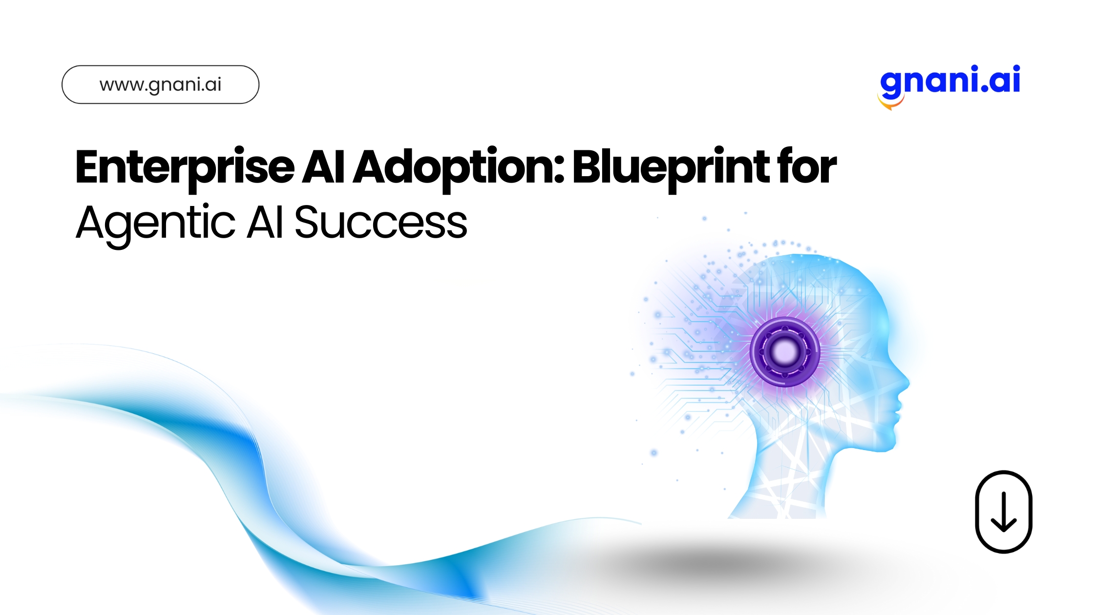 A slide titled “Enterprise AI Adoption: Blueprint for Agentic AI Success” featuring the Gnani.ai logo, a stylized human head silhouette with digital circuitry and a glowing neural hub, and a flowing blue gradient wave graphic.