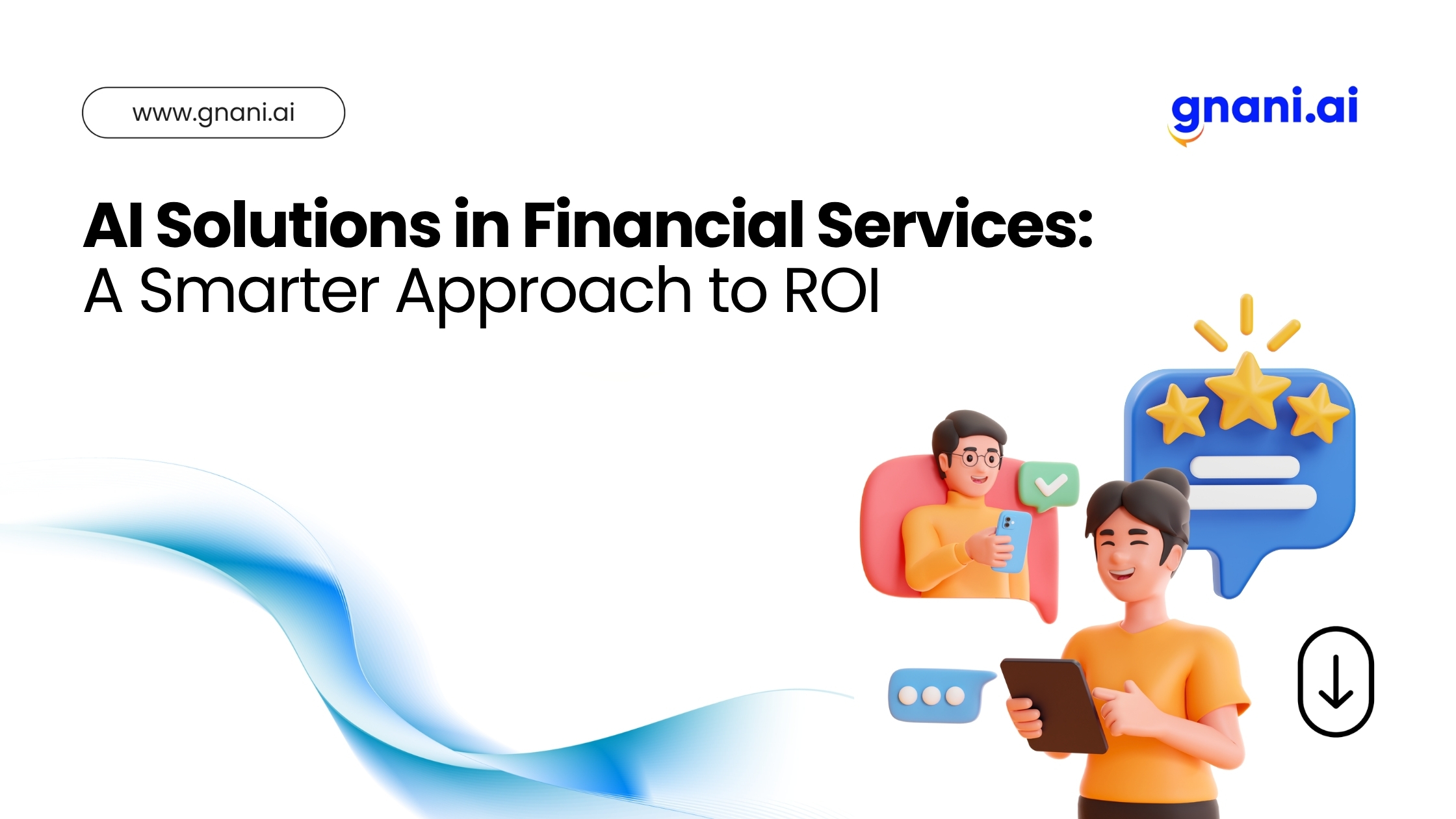 Illustration of users interacting with digital devices and feedback icons, representing AI solutions in financial services improving ROI and user experience.
