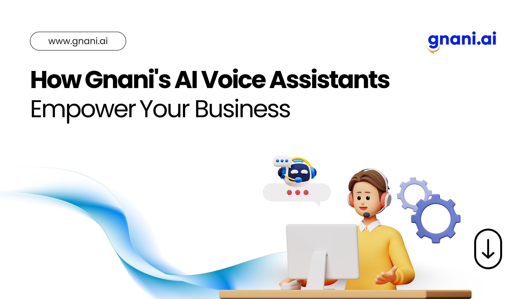 3D illustration of a male support agent using a desktop, interacting with an AI voice assistant, representing business automation by Gnani.ai.