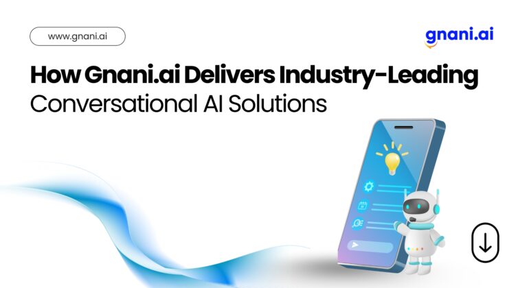 A 3D chatbot assistant standing beside a smartphone screen with icons, representing Gnani.ai's Conversational AI Solutions for modern businesses.