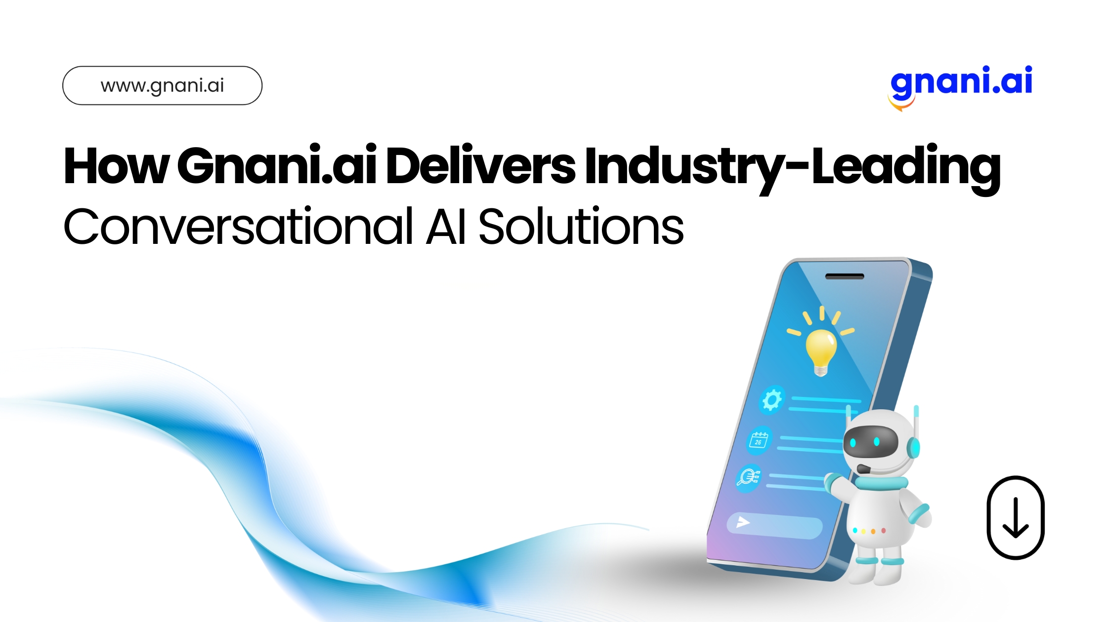 A 3D chatbot assistant standing beside a smartphone screen with icons, representing Gnani.ai's Conversational AI Solutions for modern businesses.
