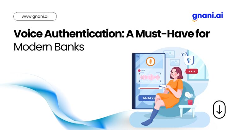 Illustration of a woman using voice authentication on a mobile device for banking security.