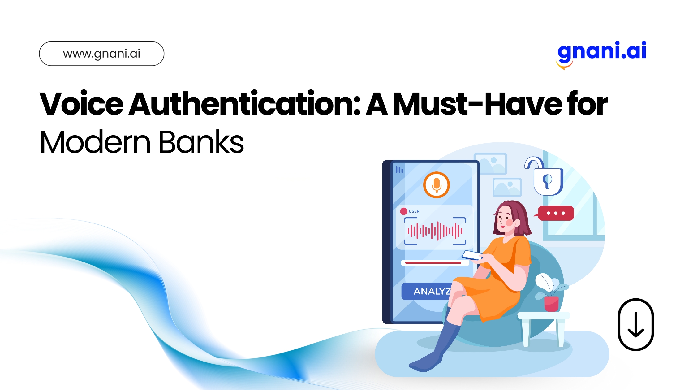 Illustration of a woman using voice authentication on a mobile device for banking security.