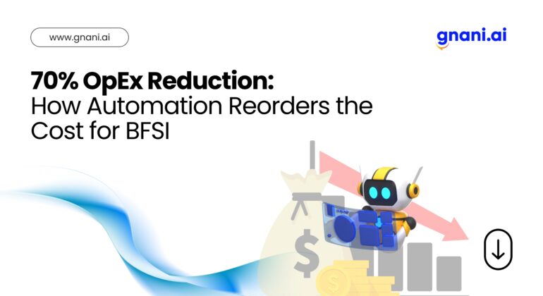 Robot with financial symbols showcasing automation benefits in BFSI with a title "70% OpEx Reduction: How Automation Reorders the Cost for BFSI"
