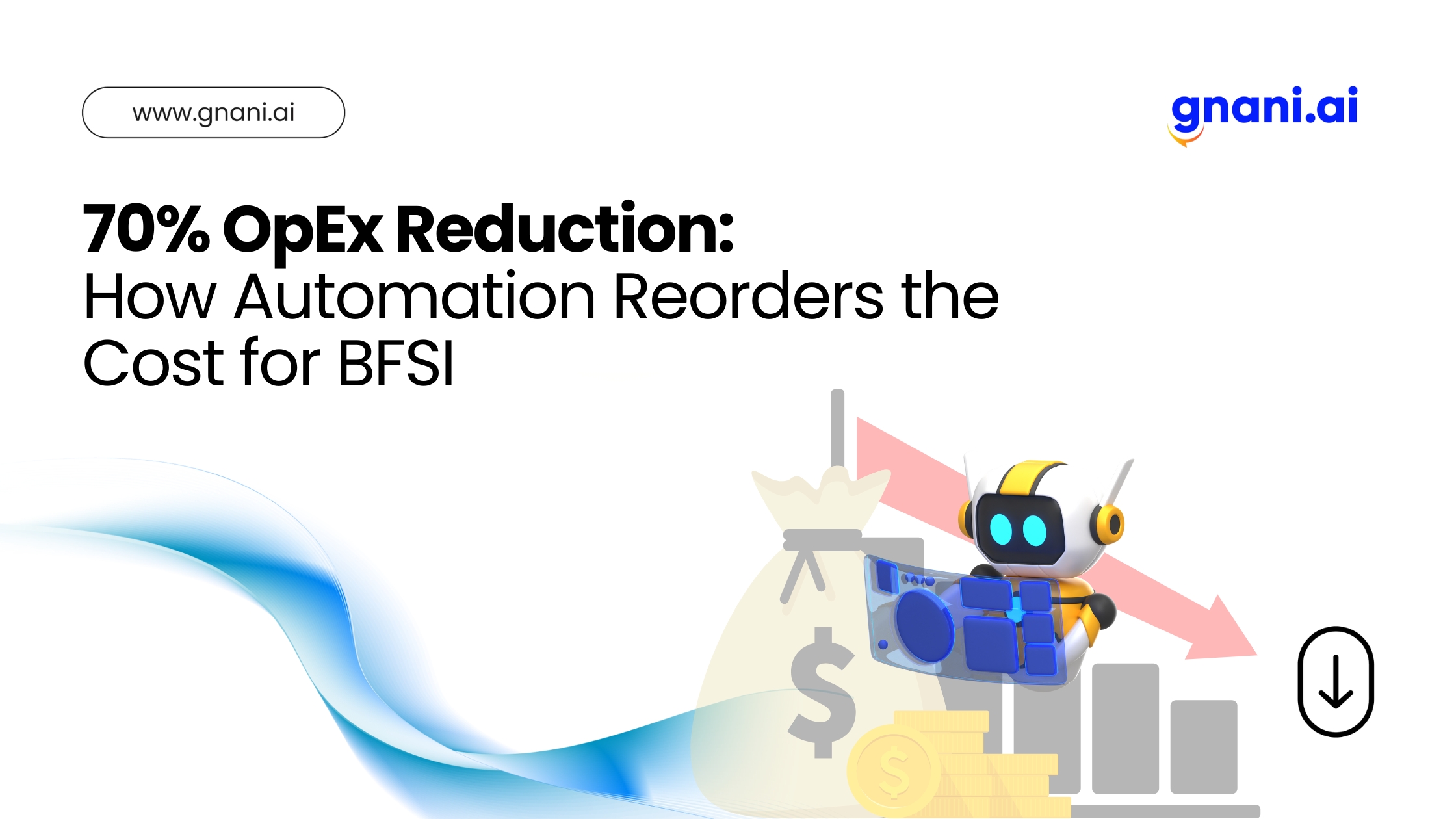 Robot with financial symbols showcasing automation benefits in BFSI with a title "70% OpEx Reduction: How Automation Reorders the Cost for BFSI"