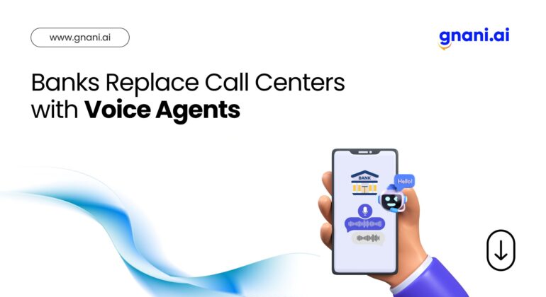 Hand holding a smartphone with a virtual banking assistant interface and the text “Banks Replace Call Centers with Voice Agents”