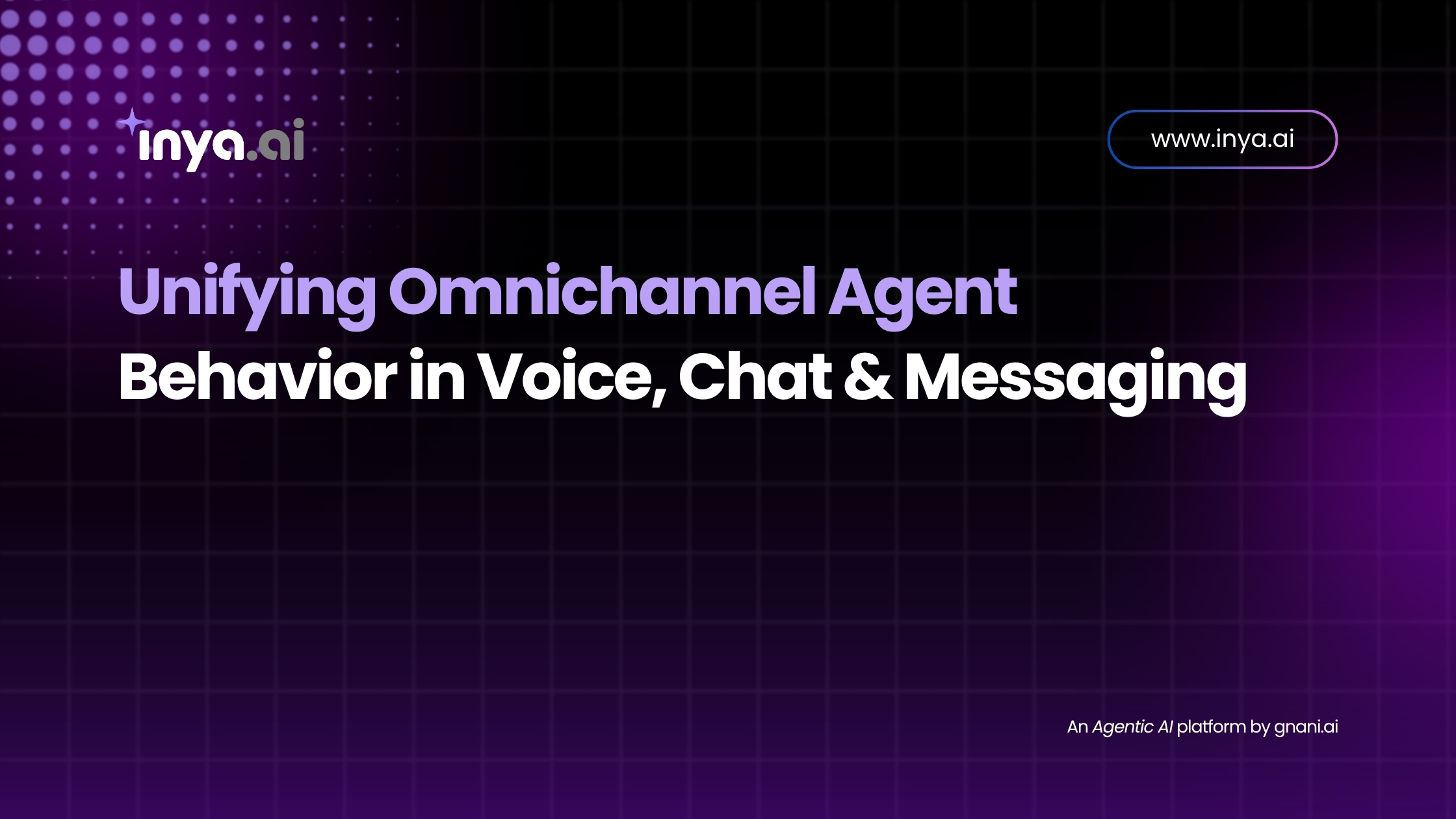 Inya.ai branded graphic on a purple grid background featuring the headline “Unifying Omnichannel Agent Behavior in Voice, Chat & Messaging,” the URL “www.inya.ai” at the top right, and footer text “An Agentic AI platform by gnani.ai.”