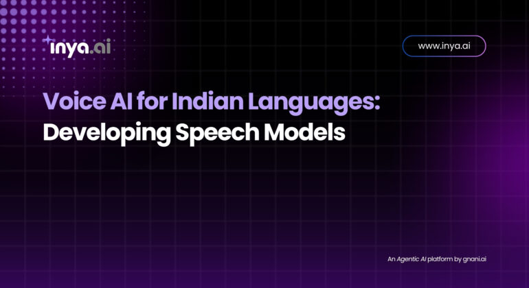 Inya.ai branded feature image on a purple gradient grid background displaying the headline “Voice AI for Indian Languages: Developing Speech Models,” the URL “www.inya.ai” in a rounded outline at top right, and footer text “An Agentic AI platform by gnani.ai.”