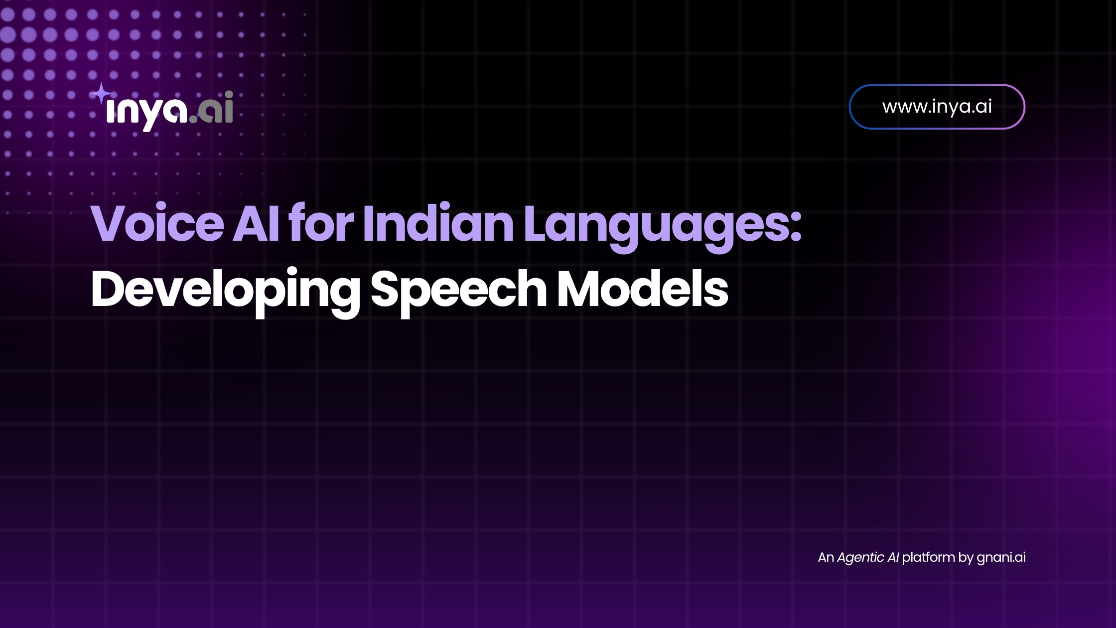 Inya.ai branded feature image on a purple gradient grid background displaying the headline “Voice AI for Indian Languages: Developing Speech Models,” the URL “www.inya.ai” in a rounded outline at top right, and footer text “An Agentic AI platform by gnani.ai.”
