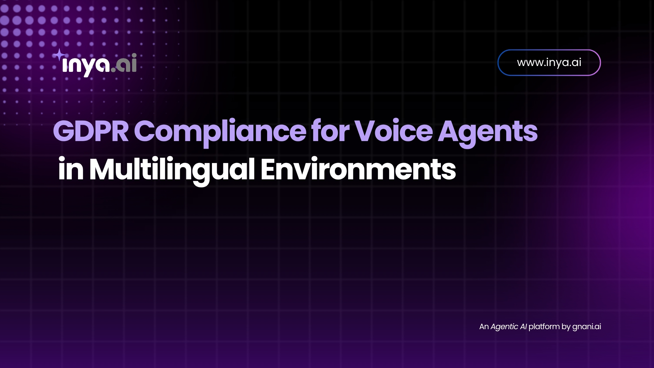 A dark purple grid-patterned background featuring the Inya.ai logo and the headline “GDPR Compliance for Voice Agents in Multilingual Environments,” with a call-out of “www.inya.ai” at top right and “An Agentic AI platform by gnani.ai” at the bottom right.
