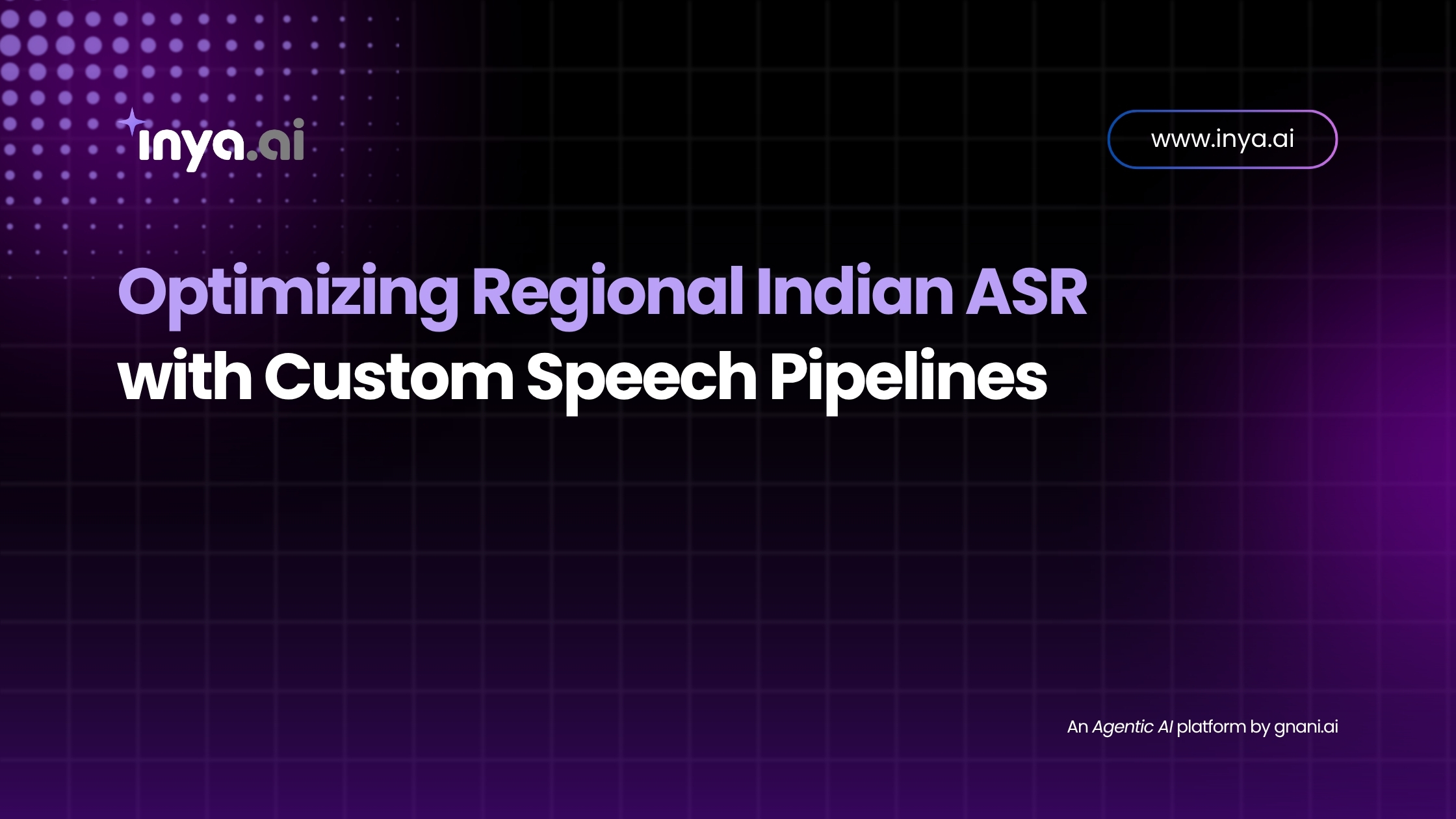 Purple-gradient grid background featuring the inya.ai logo at top left, a rounded “www.inya.ai” button at top right, and the headline “Optimizing Regional Indian ASR with Custom Speech Pipelines” centered, with a small “An Agentic AI platform by gnani.ai” tagline at bottom right.
