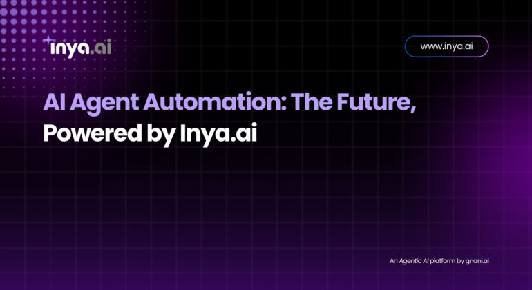 A dark-purple grid background featuring the Inya.ai logo in the top left, the URL “www.inya.ai” in the top right, and the headline “AI Agent Automation: The Future, Powered by Inya.ai” centered. In the bottom right corner is the sub-tagline “An Agentic AI platform by gnani.ai.
