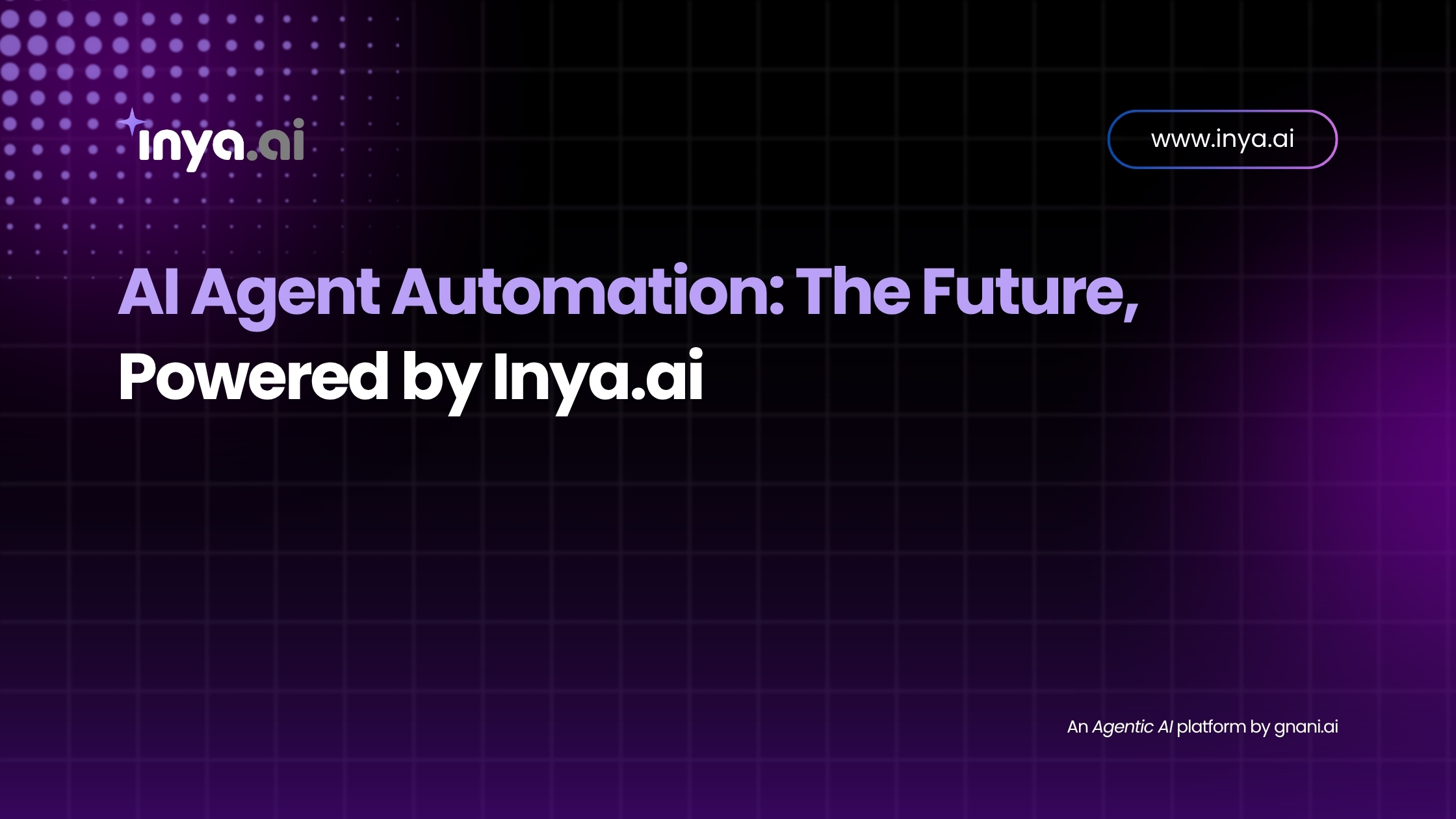 A dark-purple grid background featuring the Inya.ai logo in the top left, the URL “www.inya.ai” in the top right, and the headline “AI Agent Automation: The Future, Powered by Inya.ai” centered. In the bottom right corner is the sub-tagline “An Agentic AI platform by gnani.ai.