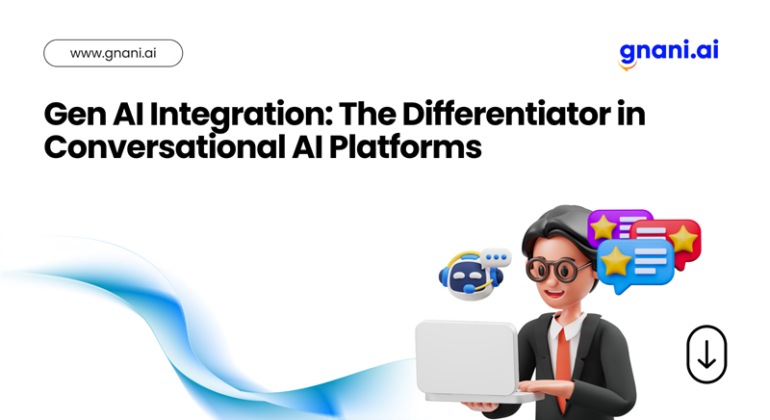 Gen AI Integration in Conversational AI Platforms visual with a business professional, chatbot, and feedback icons