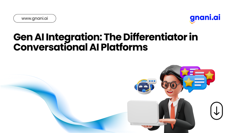 Gen AI Integration in Conversational AI Platforms visual with a business professional, chatbot, and feedback icons