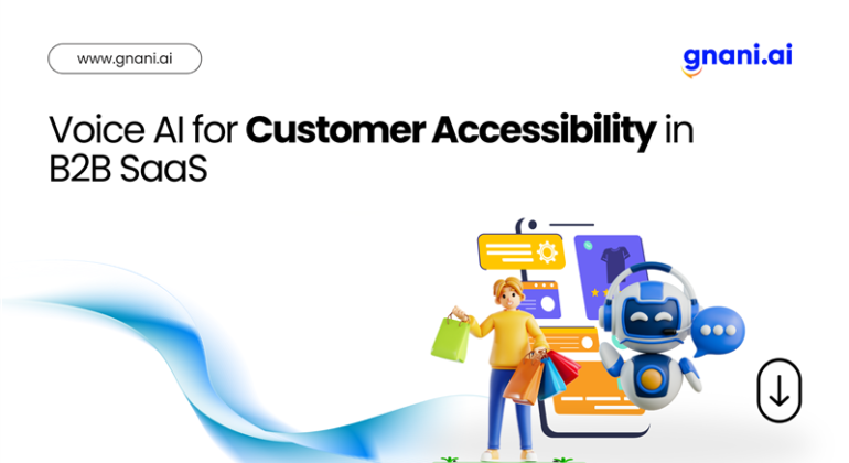 Voice AI for Customer Accessibility in B2B SaaS visual with shopping customer, chatbot, and digital interface elements
