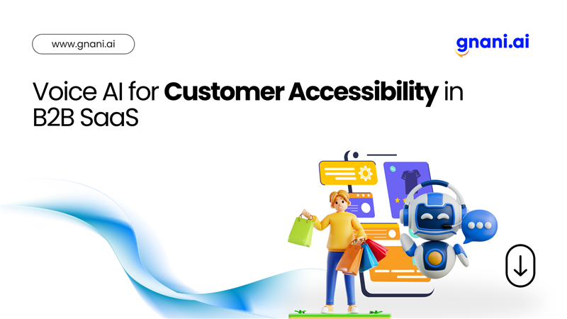 Voice AI for Customer Accessibility in B2B SaaS visual with shopping customer, chatbot, and digital interface elements