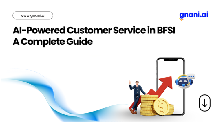 AI-powered customer service illustration for BFSI industry with smartphone, chatbot, and financial icons