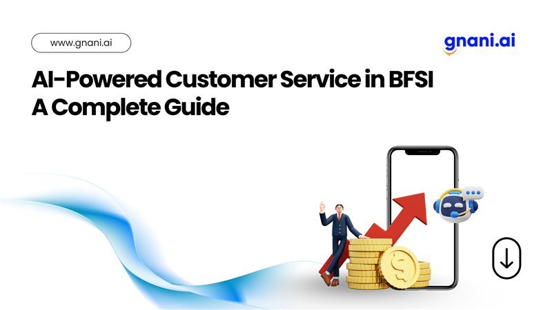 AI-powered customer service illustration for BFSI industry with smartphone, chatbot, and financial icons