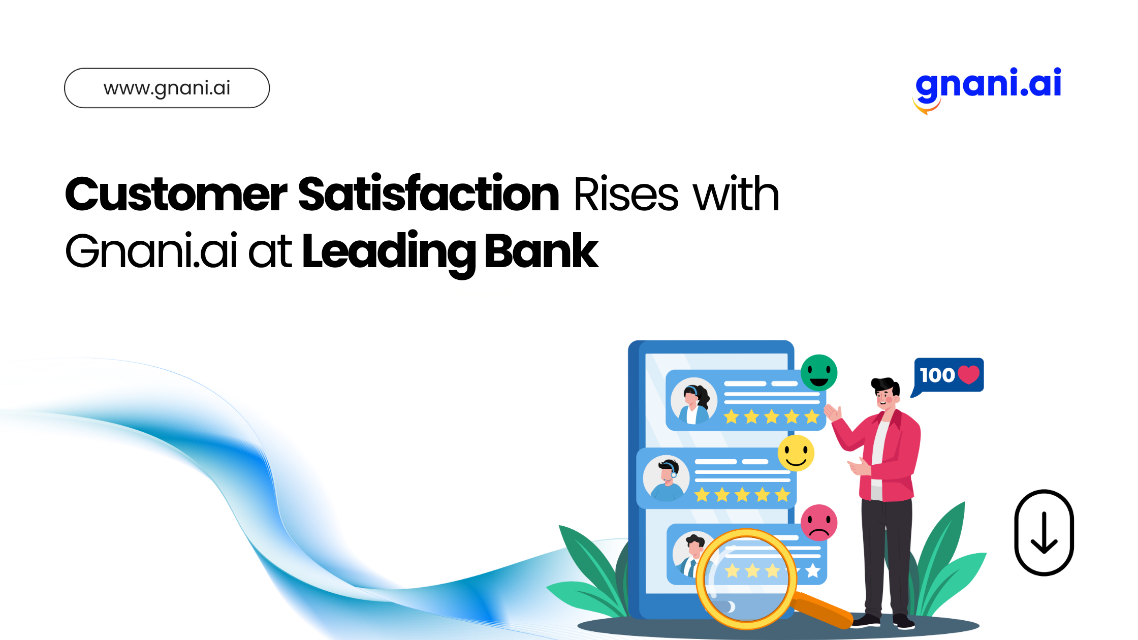 A happy customer rating support agents on a digital screen with emojis and stars, illustrating improved customer satisfaction through Gnani.ai at a leading bank.