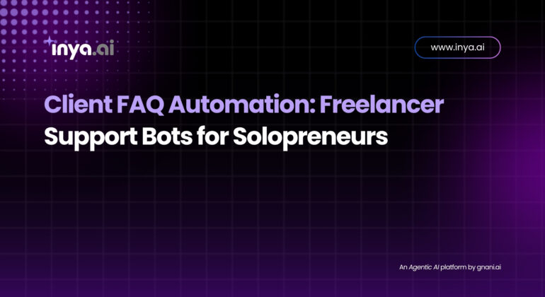 Dark grid background with a purple gradient overlay; Inya.ai logo at top left; "www.inya.ai" button at top right; centered headline reading “Client FAQ Automation: Freelancer Support Bots for Solopreneurs”; and the footer text “An Agentic AI platform by gnani.ai” at bottom right.
