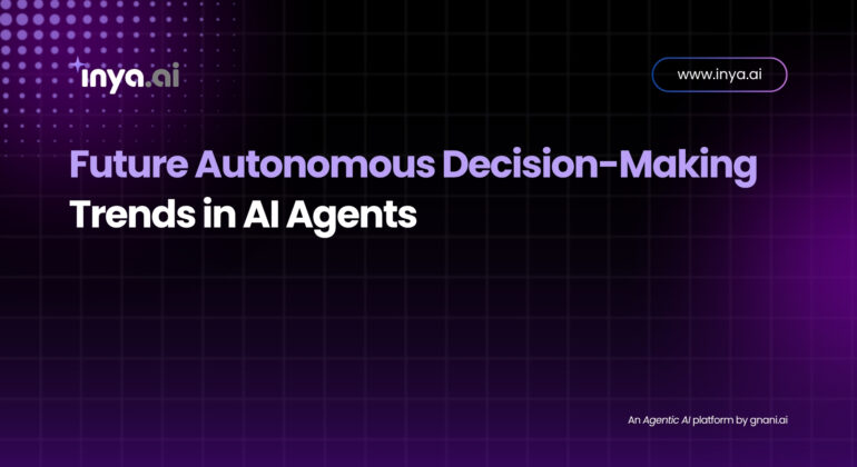 Futuristic AI agent surrounded by decision flowcharts and analytics icons, representing autonomous decision-making trends.