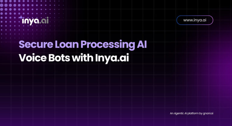 Illustration of a secure AI voice bot processing a bank loan application on a digital interface with Inya.ai branding