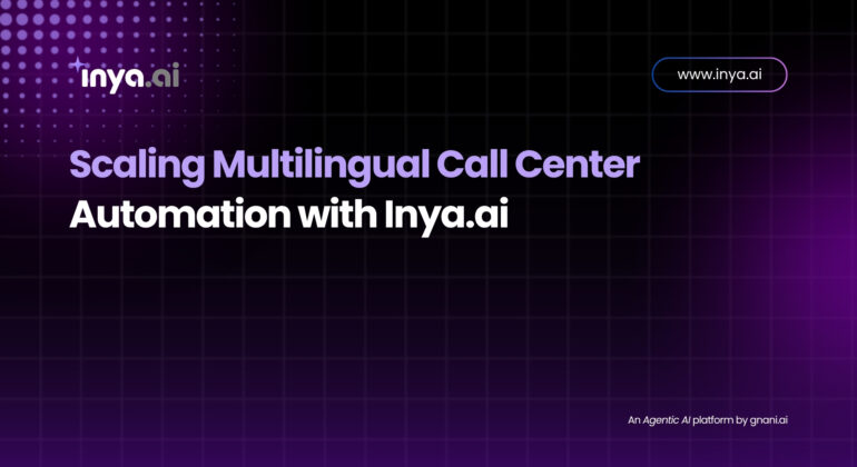 Graphic showing interconnected speech bubbles in multiple languages converging into a single headset icon, overlaid with the text “Scaling Multilingual Call Center Automation with Inya.ai.