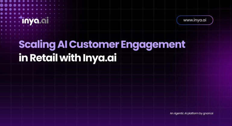 A modern retail store scene showing an AI-driven Inya.ai kiosk engaging with multiple shoppers through voice and chat interfaces.