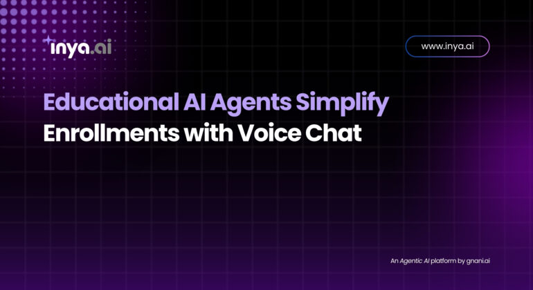 Illustration of a friendly AI avatar guiding a student through an online enrollment form via voice and chat interface.