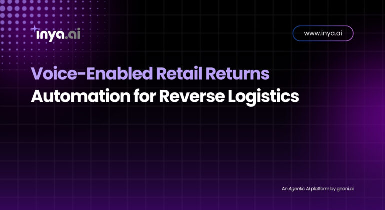 Illustration of a voice-activated AI assistant guiding retail workers as they process return packages in a warehouse.