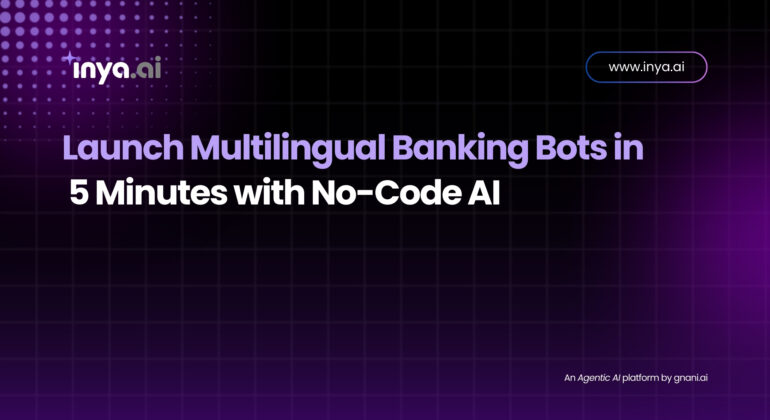 Interface displaying the setup process for launching multilingual banking bots in under five minutes using a no-code AI platform