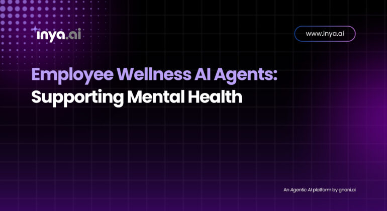 Illustration of an employee interacting with an AI-driven wellness chatbot interface on a laptop screen, surrounded by calming icons like a heart, leaf, and brain to represent mental health support.