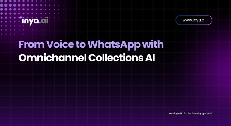 Graphic showing a smartphone receiving a voice call on the left and a WhatsApp chat bubble on the right, connected by AI circuitry to represent omnichannel collections AI.