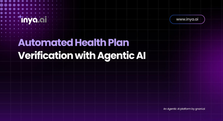 Purple-gradient grid background featuring the Inya.ai logo, the headline “Automated Health Plan Verification with Agentic AI,” a “www.inya.ai” link in the top right, and the footer text “An Agentic AI platform by gnani.ai