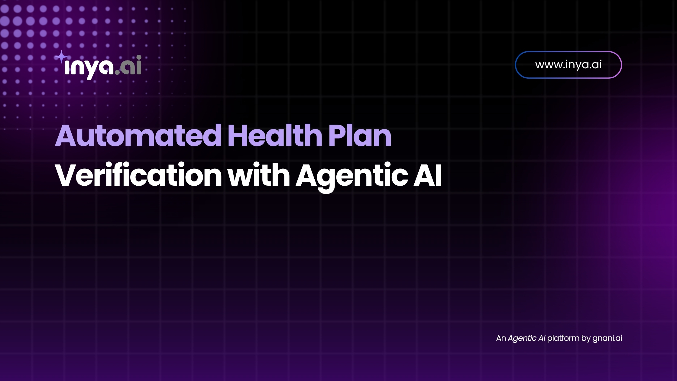 Purple-gradient grid background featuring the Inya.ai logo, the headline “Automated Health Plan Verification with Agentic AI,” a “www.inya.ai” link in the top right, and the footer text “An Agentic AI platform by gnani.ai