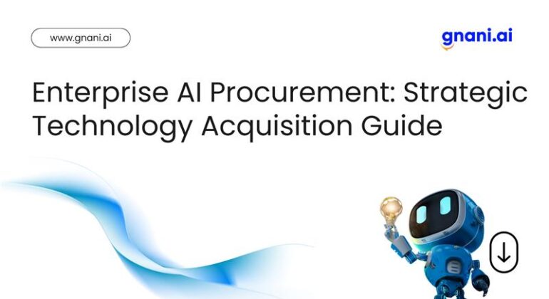 Illustration of interconnected icons—such as a checklist, AI brain, handshake, and gears—over a corporate backdrop, symbolizing the enterprise AI procurement process.