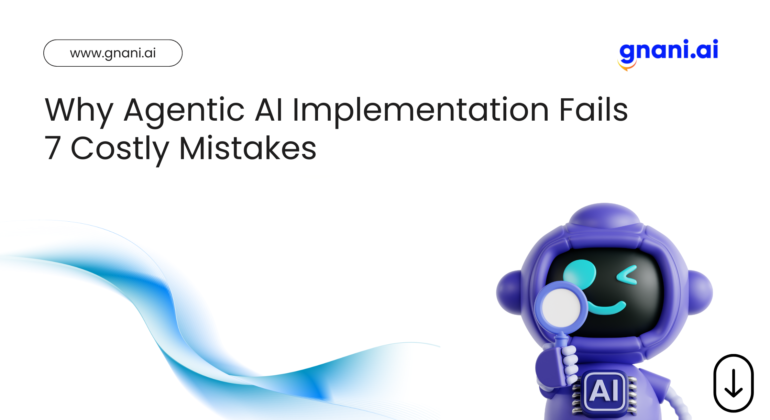 White text reading “Why Agentic AI Implementation Fails: 7 Costly Mistakes” on a dark gradient background with subtle gear and warning icons.