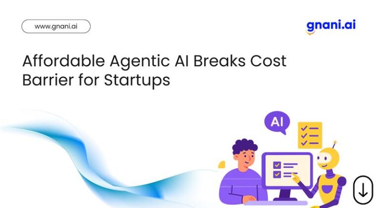 Illustration of a small business owner using a laptop surrounded by AI icons and a price tag indicating affordability.