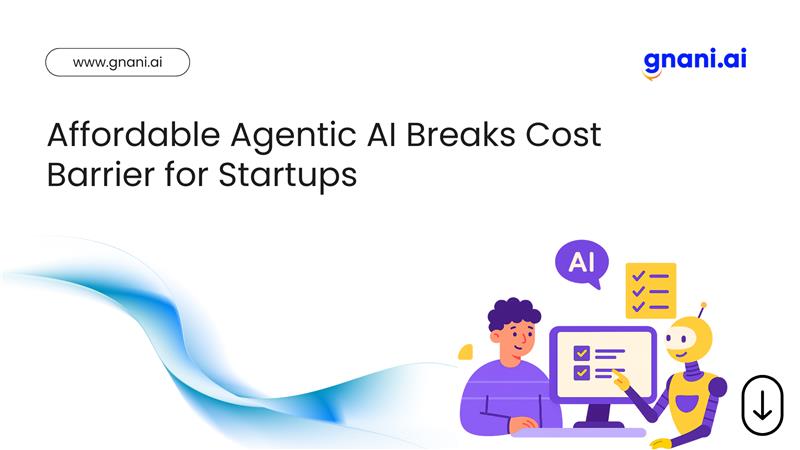 Illustration of a small business owner using a laptop surrounded by AI icons and a price tag indicating affordability.