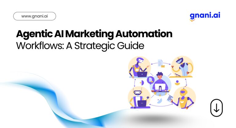 Cover slide titled “Agentic AI Marketing Automation Workflows: A Strategic Guide,” featuring the gnani.ai logo, a flowing blue ribbon graphic on the left, and a circular illustration of a human and four robots exchanging data, with a download arrow icon in the bottom right.