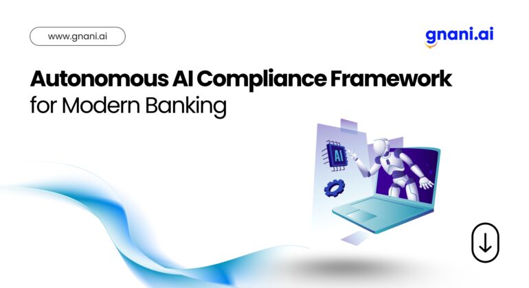 Diagram showing an AI brain icon connected to banking symbols and compliance checkmarks, illustrating an autonomous AI compliance framework for modern banking.